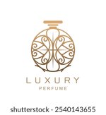 Luxury perfume fragrance icon of bottle with ornate oriental ornament, vector emblem. Luxury perfumery salon and aroma essence product sign of golden vial bottle of perfume or cologne water