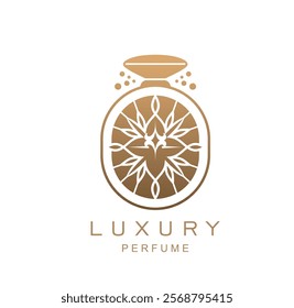 Luxury perfume fragrance icon for high end branding or promotion. Vector cosmetics product label, features an elegant and ornate scent flask in gold color, embodying sophistication and exclusivity