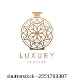 Luxury perfume fragrance icon. Isolated vector elegant and intricate golden scent vial emblem for branding high end fragrances and beauty products, exudes sense of opulence and luxury style for brand