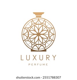 Luxury perfume fragrance icon. Isolated vector elegant and intricate golden scent vial emblem for branding high end fragrances and beauty products, exudes sense of opulence and luxury style for brand