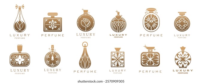 Luxury perfume fragrance icons. Vector golden bottles and glass spray flasks with line pattern of elegant flowers, victorian flourishes and abstract geometric shapes. Luxury perfume store emblems set