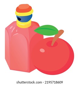 Luxury perfume icon isometric vector. Beautiful bottle of perfume and red apple. Parfum de toilette, fruity aroma, perfumery