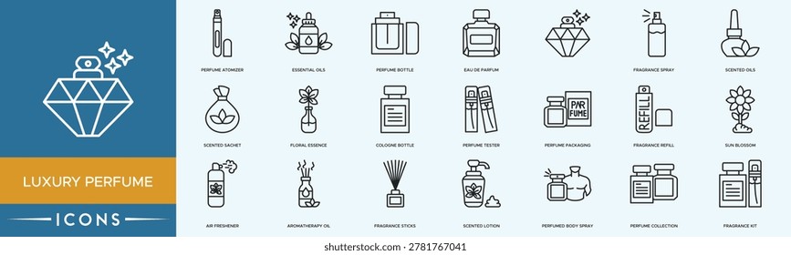 Luxury Perfume icon set. Perfume Bottle, Fragrance Spray, Essential Oils, Scented Candle and Aroma Diffuser