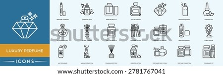 Luxury Perfume icon set. Perfume Bottle, Fragrance Spray, Essential Oils, Scented Candle and Aroma Diffuser