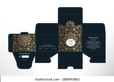 Luxury Perfume Packaging Box Design,  Box die line, 3d Box Mockup labels, icon, frames and Design elements, 3d Illustration, Vector design Template.