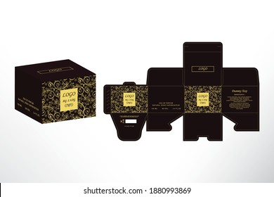 Luxury Perfume Packaging Box Design,  Box die line, 3d Box Mockup labels, icon, frames and Design elements, 3d Illustration, Vector design Template.
