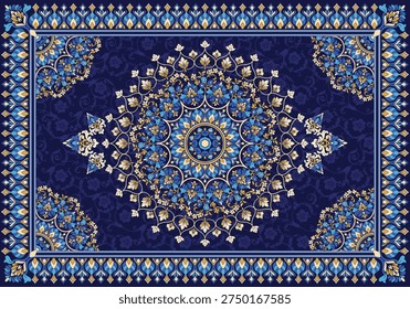 Luxury Persian carpet pattern with ornate mandala center, floral ornaments, and decorative border in rich navy blue and gold tones.
