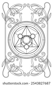 Luxury philosopher stone sacred geometry art nouveau style illustration. Tarot deck design. Romantic esoteric vector art.