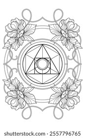 Luxury philosopher stone sacred geometry art nouveau style illustration. Tarot deck design. Romantic esoteric vector art with flowers.
