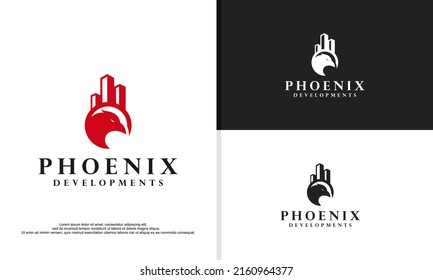 vector de logotipo de construcción de fénix de lujo. Ilustración de diseño vectorial del logotipo de ave Phoenix creativa, diseño del logotipo inmobiliario.