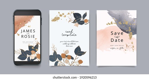 Luxury Pink and blue Social Media, mobile  Wedding invite frame templates. Vector background. Invitation mobile Floral with golden collage layout design.