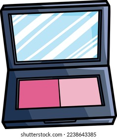 Luxury pink blush on with mirror for elegant women in cartoon style.