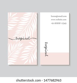 Luxury Pink Business Card Design Template With Tropical Leaves.