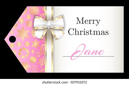 Luxury Pink Christmas Name Tag With Golden Snowflakes And White Ribbon