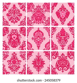 Luxury pink Damask floral pattern seamless vector set