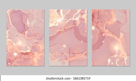 Luxury Pink And Gold Marble Abstract Background Set. Alcohol Ink Technique Vector Stone Textures. Creative Paint With Glitter. Template For Banner, Poster Design. Fluid Art