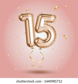 Luxury Pink Greeting celebration fifteen years birthday Anniversary number 15 foil gold balloon. Happy birthday, congratulations poster.   Golden numbers with sparkling golden confetti