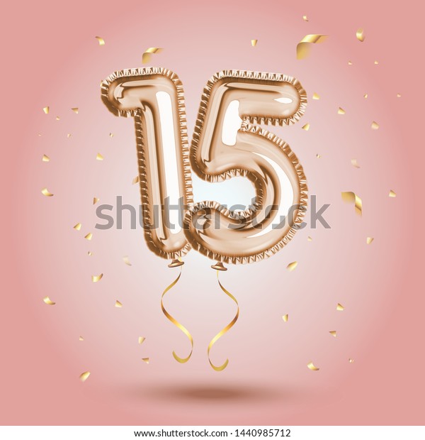 Luxury Pink\
Greeting celebration fifteen years birthday Anniversary number 15\
foil gold balloon. Happy birthday, congratulations poster.   Golden\
numbers with sparkling golden\
confetti