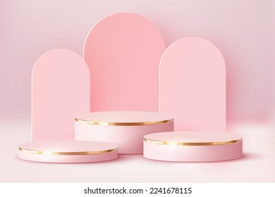 Luxury Pink Pastel Podium. Abstract scene background. Product presentation, mock up, show cosmetic product, Blank Podium, stage pedestal or platform. 3D Vector.