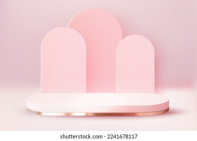 Luxury Pink Pastel Podium. Abstract scene background. Product presentation, mock up, show cosmetic product, Blank Podium, stage pedestal or platform. 3D Vector.