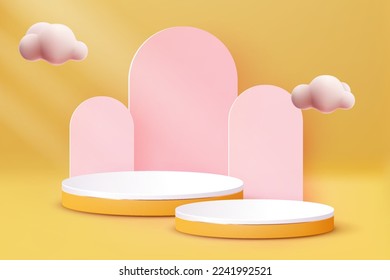 Luxury Pink Pastel Podium. Abstract scene background. Product presentation, mock up, show cosmetic product, Blank Podium, stage pedestal or platform. 3D Vector.
