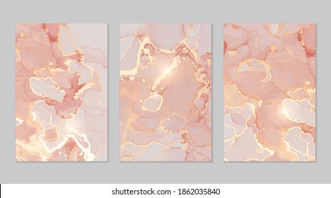 Luxury pink, peach and gold marble abstract background set. Alcohol ink technique vector stone textures. Creative paint with glitter. Backdrop for banner, poster, invitation design