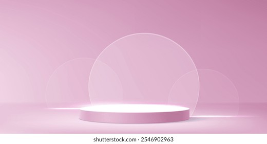 Plataforma rosa de lujo con Elementos de vidrio circulares transparentes superpuestos. Configuración de escaparate elegante minimalista con pantalla cosmética de primera calidad o puesta en escena de productos elegantes. Habitación de estudio de Vector realista.