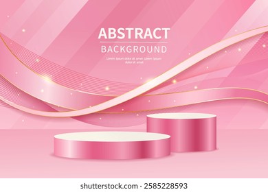 Luxury pink product display banner design with gold wavy lines and sparkling lights decoration
