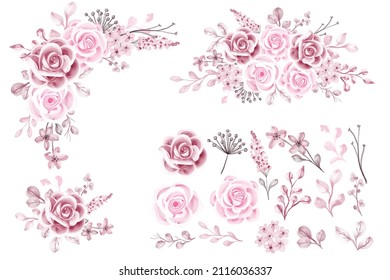 Luxury Pink Rose Flower Wreath Isolated Clipart