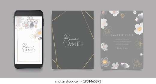 Luxury Pink Social Media, mobile  Wedding invite frame templates. Vector background. minimal Invitation mobile Floral with golden collage layout design.