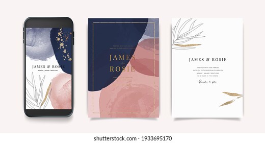 Luxury Pink Social Media, mobile  Wedding invite frame templates. Vector background. Invitation mobile Floral with golden collage layout design.