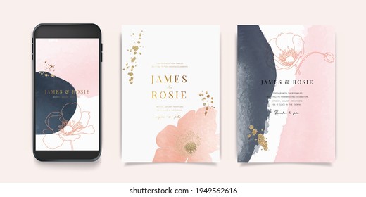 Luxury Pink Social Media, mobile  Wedding invite frame templates. Vector background. Invitation mobile Floral with golden collage layout design.