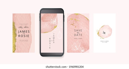 Luxury Pink Social Media, mobile  Wedding invite frame templates. Vector background. Invitation mobile Floral with golden collage layout design.