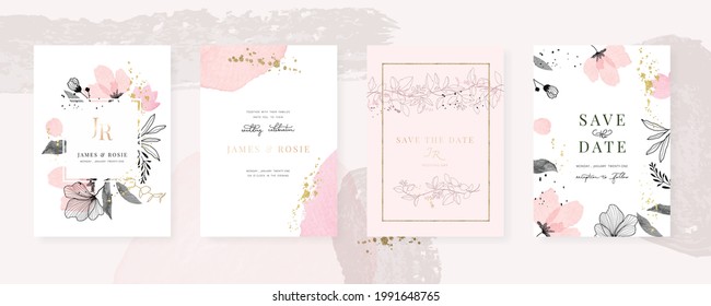 Luxury Pink Social Media, mobile  Wedding invite frame templates. Vector background. Invitation mobile Floral with golden collage layout design.