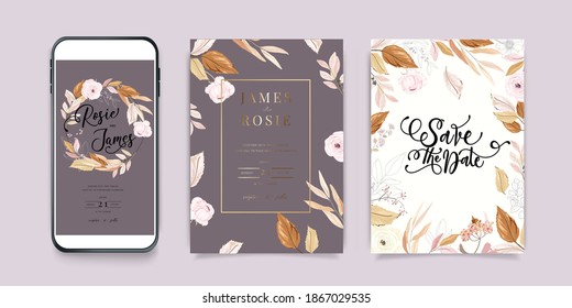 Luxury Pink Social Media Wedding invite frame templates. Vector background. Mockup for social media banner. mobile Floral golden collage layout design.