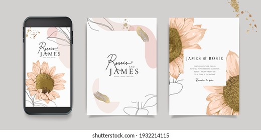 Luxury Pink sunflower Social Media, mobile  Wedding invite frame templates. Vector background. Invitation mobile Floral with golden collage layout design.