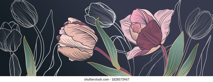 Luxury pink tulips background vector with golden metallic decorate wall art