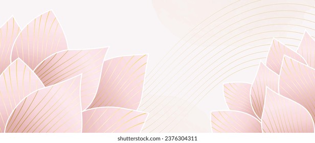 Luxury pink vector background of lotus flowers on a watercolor background with golden lines. Elegant gold botanical illustration suitable for fabric, prints, cover.	