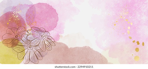 Luxury pink wallpaper design with flowers, line art, golden texture. Floral vector watercolor background. Elegant gold blossom flowers illustration for fabric, prints, cover.