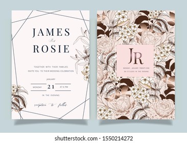 Luxury pink Wedding Invitation set,  invite thank you, rsvp modern card Design in Golden and white rose with leaf greenery branches  decorative Vector elegant rustic template