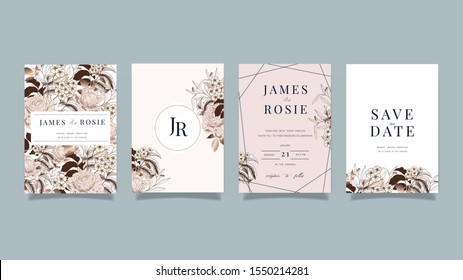 Luxury pink Wedding Invitation set,  invite thank you, rsvp modern card Design in Golden and white rose with leaf greenery branches  decorative Vector elegant rustic template