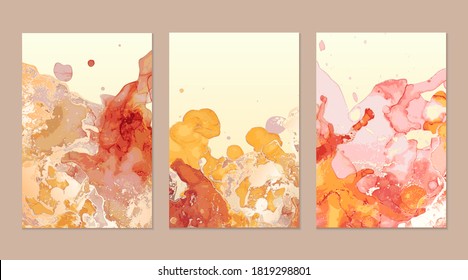 Luxury pink, yellow, gold marble flyers. Abstract background set. Alcohol ink technique vector stone textures. Creative paint with glitter. Backdrop for banner, poster, invitation design