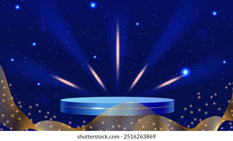 Luxury podium for award ceremony and awards. Floodlight lighting. Design of advertising banners, promotional materials and online store showcase. Vector illustration