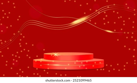 Luxury podium for award ceremony and awards. Red catwalk gold abstract lines. Design of advertising banners, promotional materials and online store showcase. Vector illustration.