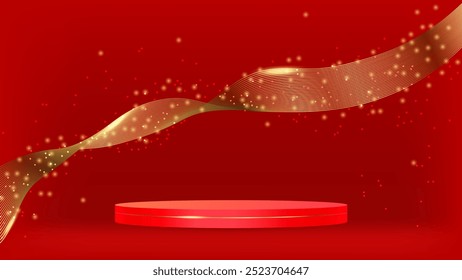 Luxury podium for award ceremony and awards. Gold ribbon and sequins. Design of advertising banners, promotional materials and online store showcase. Vector illustration.