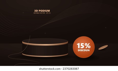 Luxury Podium background with an elegant combination of dark brown and gold. Suitable for product displays, there is discount writing on an orange background.