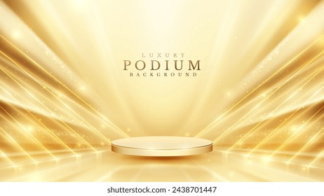 Luxury Podium Background .Empty circular stage bathed in golden spotlight beams with sparkling particles, ideal for product display.