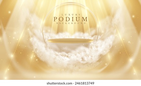 Luxury Podium with Celestial Clouds and Golden Light. Vector Illustration.