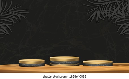 Luxury Podium Display of Black Marble and Yellow gold Cylinder Stand on Sand beach,Vector Realistic 3D for Stage pedestal platform,Product presentation, Product display or Spa Showcase for Summer