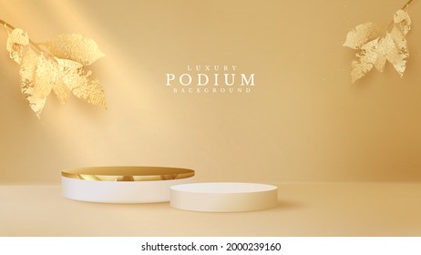 Luxury podium display with golden leaves on brown pastel background, minimal pedestal, stage showcase empty space for beauty and cosmetics product, 3d vector illustration.